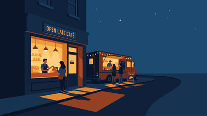 Night scene with an open late cafe and a food truck on a street, people buying food and drinks, urban nightlife illustration.