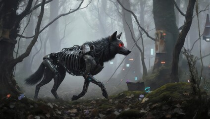 Cybernetic Wolf in Misty Forest - A Fusion of Nature and Technology.