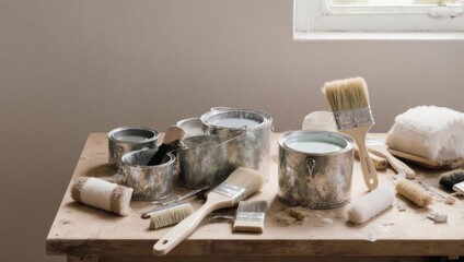 Paint cans and brushes on a wooden table, ready for painting.