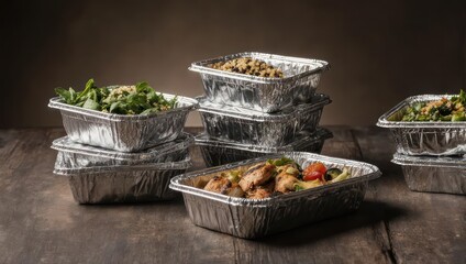 Stacked Foil Food Containers on Wooden Surface.