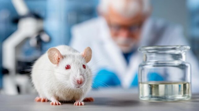 A white mouse with red eyes sits on a lab bench next to a jar of liquid. A scientist in a lab coat is out of focus in the background.