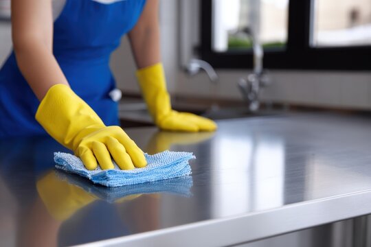 Person in yellow rubber gloves wiping a shiny kitchen counter with a blue microfiber cloth