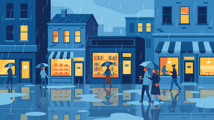 A rainy evening street scene in a city with people walking under umbrellas and illuminated buildings.