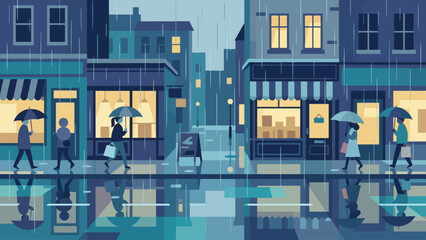 A rainy city street scene with people walking under umbrellas past illuminated shop windows.