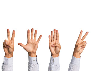 Obraz premium Set of four hands showing peace and victory gestures against white background
