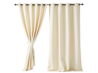 White curtains hanging from a curtain rod, providing a clean and minimalist backdrop