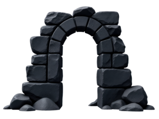 A stone arch surrounded by rocks on a white background, great for decorative or architectural uses