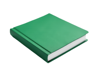 A lone green book sits on a clean white surface, perfect for use as a background or to highlight a text about literature or reading