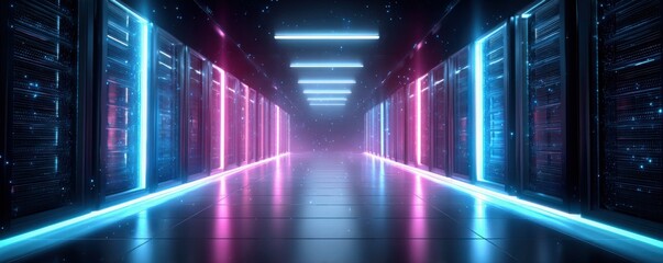 Artificial intelligence in cyberspace. A futuristic data center corridor illuminated by colorful lights, highlighting rows of servers in a sleek, high-tech environment.