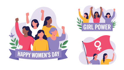 Fototapeta premium Illustrated depiction of diverse women celebrating womens day with raised fists, advocating for girl power and solidarity