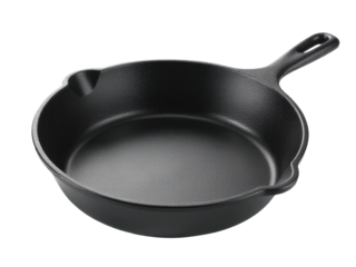 A black cast iron skillet on a clean white background