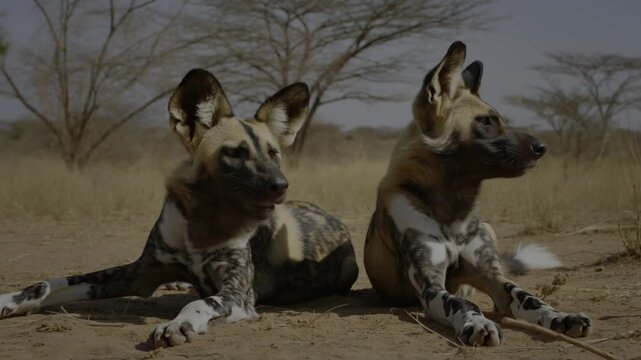 Two African wild dogs resting calmly, showcasing their distinctive spotted patterns and alert expressions. They appear relaxed in their natural habitat. Stock Video