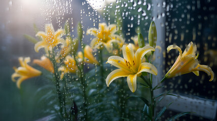 Vibrant yellow lilies bloom beautifully on a rainy day outside © vector river