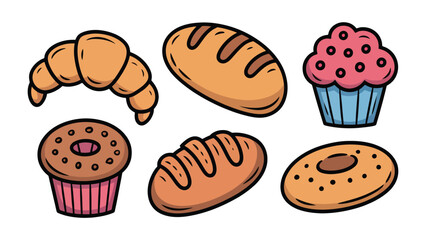 Artisan Bakery Delight: A collection of delightful baked goods, featuring a croissant, various bread loaves, a muffin, and a donut, offering a visual feast of classic treats.