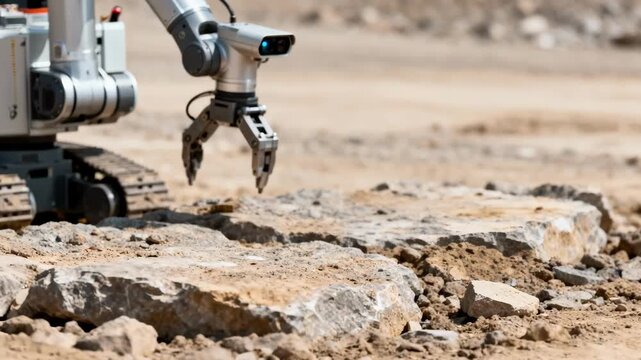 Closemedium view of an automated earth movers robotic arm adjusting and performing tasks with advanced sensors on rough terrain.