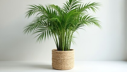 Obraz premium Green bamboo palm plant with slender stalks grows in a woven hemp pot. This indoor greenery features delicate fronds creating a fresh, natural aesthetic for homes and offices.