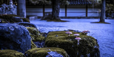 Mushrooms on Mossy Stones in a Tranquil Garden 
