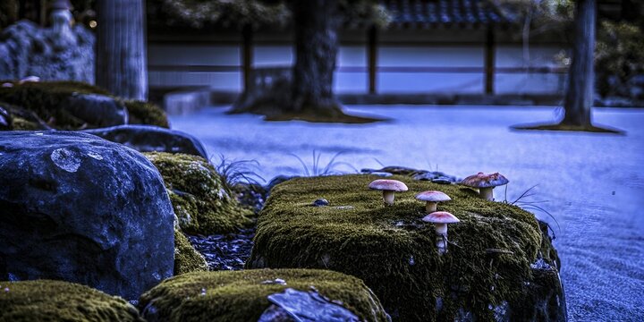 Mushrooms on Mossy Stones in a Tranquil Garden 