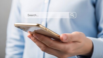 Close-up of a person holding a smartphone with a search bar overlay on the screen and a blurred background of a person in a light blue shirt