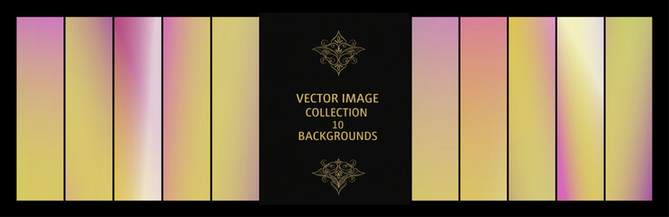 Set of gentle pastel gradients in yellow, lilac, and blush tones around a black gold label, perfect for feminine branding, wedding stationery, and spring themed promotions.