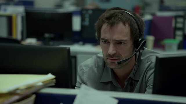 A man wearing a headset looks stressed in office Stock Video