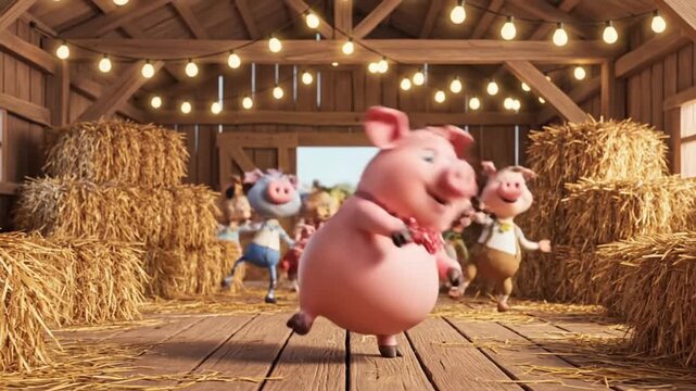Pigs dancing in a barn surrounded by hay bales under string lights