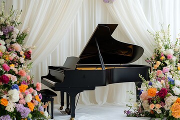 An elegant black piano positioned gracefully upon pristine white fabric background