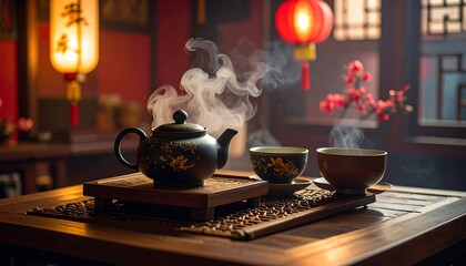 Steaming Tea Set on Wooden Table.