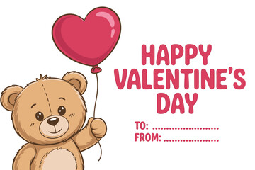 Happy valentine's day card with teddy bear and heart balloon
