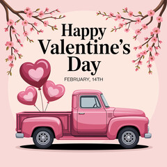 Happy valentine's day greeting card with pink truck and heart balloons
