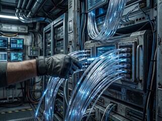 Technician Connecting Glowing Fiber Optic Cable in Industrial Server Room