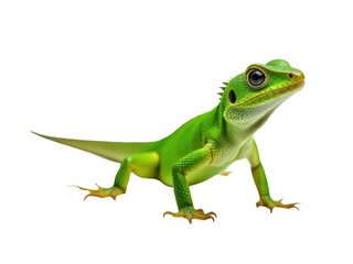 A small green lizard stands upright on its hind legs, looking around