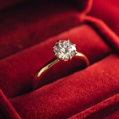 Gold ring with white diamond in a red gift box