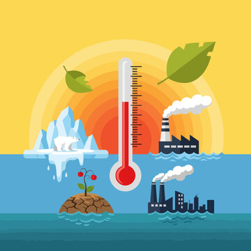 Global Warming Climate Change Melting Ice Polar Bear Thermometer Pollution Factories