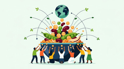 Fototapeta premium Diverse group of people reaching for a bowl of healthy food symbolizing global nutrition and sustainability flat vector illustration for hea