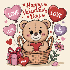 Cute teddy bear celebrating happy valentine's day with gift and balloons