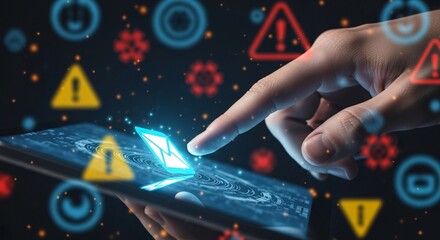 Close-up of a person's hand interacting with a futuristic digital touchscreen displaying warning icons and alert symbols in a high-tech environment for cybersecurity or technology concept