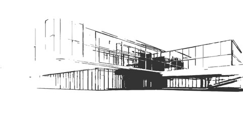 Vintage black vector drawing of an architectural house sketch and old industrial building design featuring an urban street bridge and city landscape art