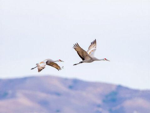 Two Sandhill Cranes Flying Over Mountains Against Pale Sky
