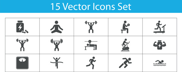 Fitness and Sports Icons Set. fitness activities and healthy lifestyle choices, including swimming, 
running, weightlifting, and yoga. fitness and exercise icons