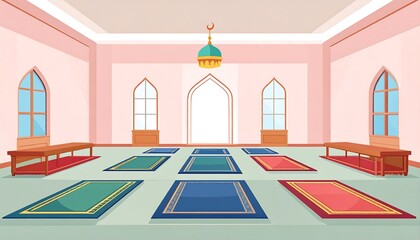 Islamic Prayer Room with Prayer Mats Illustration.