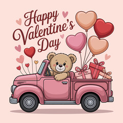 Cute teddy bear riding in pink truck with heart balloons on valentine's day