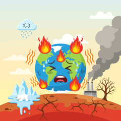 Sad Earth on Fire due to Global Warming and Pollution, Climate Change