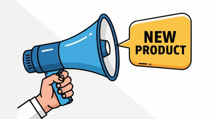 A hand holds a blue megaphone announcing "NEW PRODUCT" in a yellow speech bubble on a white background.