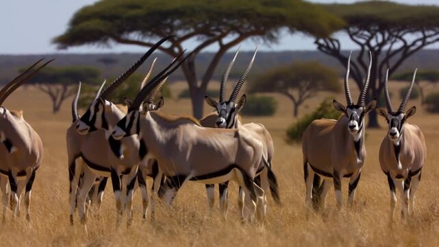 A herd of oryx in their natural habitat, showcasing their majestic horns and desert environment. The animals stand gracefully amidst the savanna landscape. Stock Video