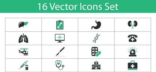 Medical icon set. healthcare and medical science icons set. including hospital, clinic, emergency, 
ambulance, doctor, patient, scalpel, syringe. Icon vector illustration