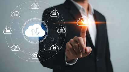 Business professional interacting with cloud computing and data storage