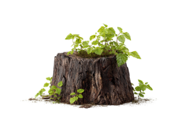 Nature resilience with saplings growing on stump isolated on transparent background