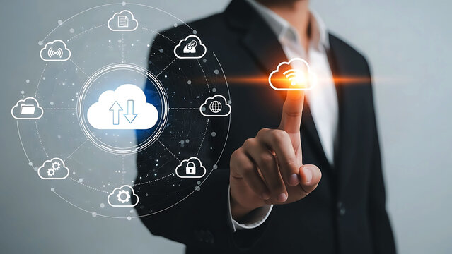 Business professional interacting with cloud computing and data storage - Powered by Adobe