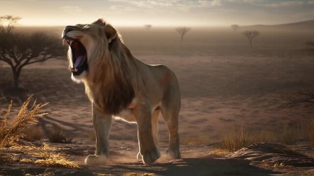 Majestic lion roaring in the wilderness under the morning sun, conveying a sense of power and territoriality Stock Video